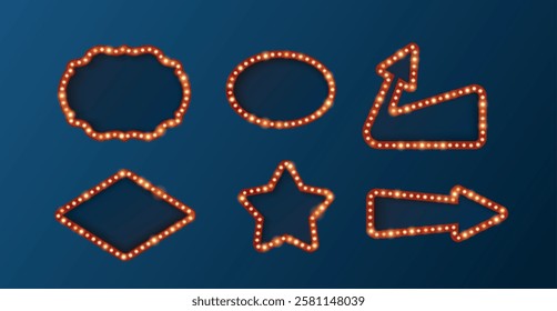 Set of vintage retro circus frames with different shaped bulbs on blue isolated background. Blank signs in the form of arrow, star, rectangle and oval. Suitable for casino style billboards.