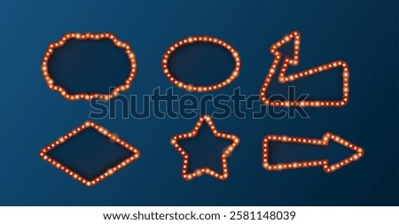 Set of vintage retro circus frames with different shaped bulbs on blue isolated background. Blank signs in the form of arrow, star, rectangle and oval. Suitable for casino style billboards.