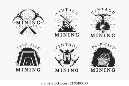 Set of Vintage retro classic Mining logo design vector with mining equipment on white background