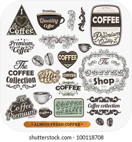 Set of vintage retro coffee labels, engraving cups and coffee beans. Vintage frames and badges for design