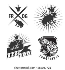 Set of vintage retro emblems with image of frog with crown