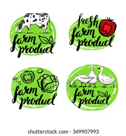 Set of vintage retro farm logo. Label and design elements. Handwritten elements with rough edges. Lettering. Hand drawn vector vegetables. Animals. Food. 