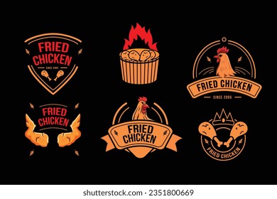 Set of vintage retro fried chicken restaurant logo with dark black background