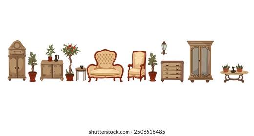 El conjunto de muebles retro vintage, planta y flor en maceta, armario, aparador, tocador, sillón, mesa de centro y sofá 