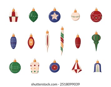 Set of vintage retro glass Christmas fir tree toys baubles, ornaments of different shape isolated on white. Old-fashioned seasonal decoration for Xmas, balls in red, green colours vector illustration.