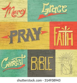 A set of vintage retro hand drawn images and words of Christian faith. Vector EPS 10. EPS file is layered and contains transparencies and a gradient mesh.