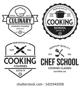 Set of vintage retro handmade badges, labels and logo elements, retro symbols for cooking school, culinary courses, food or home cooking. Vector illustration.