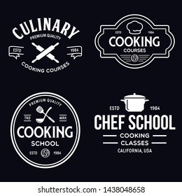 Set of vintage retro handmade badges, labels and logo elements, retro symbols for cooking school, culinary courses, food or home cooking. Vector illustration.