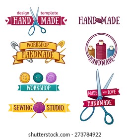 Set of vintage retro handmade badges, labels and logo elements, retro symbols for local sewing shop, knit club, handmade artist or knitwear company. Template logo. Vector. 