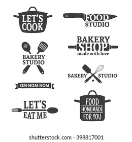 Set of vintage retro handmade badges, labels and logo elements, retro symbols for bakery shop, cooking club, food studio or home cooking. Template logo with silhouette cutlery. Vector.