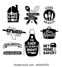 Set of vintage retro handmade badges, labels and logo elements, retro symbols for bakery shop, cooking club, cafe, food studio or home cooking. Template logo with silhouette cutlery. Vector. 