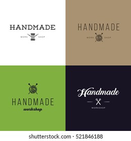 Set of vintage retro handmade badges, labels and logo elements, retro symbols for local sewing shop, knit club, handmade artist or knitwear company. Template logo. Vector.