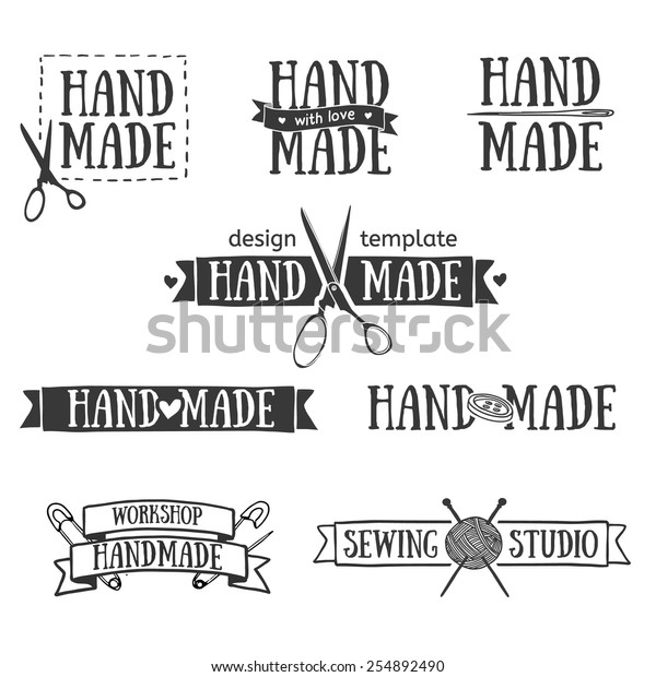 Set of vintage\
retro handmade badges, labels and logo elements, retro symbols for\
local sewing shop, knit club, handmade artist or knitwear company.\
Template logo. Vector.  