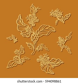 Set of vintage retro handmade pictures. Branches of coffee tree with leaves, flowers and natural coffee beans. Botanical contour drawing. Vector illustration isolated on gold background eps.10