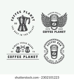 Set of vintage retro hipster coffee emblem, logo, badge, label. mark, poster or print. Monochrome Graphic Art. Engraving style vecctor Illustration.