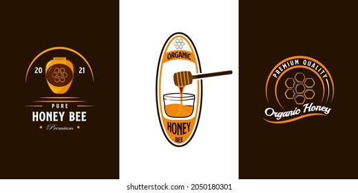 Set of Vintage Retro Honey Bee, Honeycomb, Hive Logo Design. With bottle icon. Premium, and luxury farm logo template