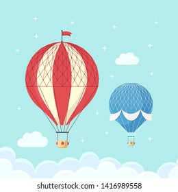 Set of vintage retro hot air balloon with basket in sky isolated on background. Vector cartoon design