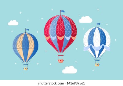 Set of vintage retro hot air balloon with basket in sky isolated on background. Vector cartoon design