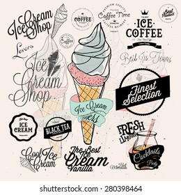 Set of vintage retro Ice Cream labels and Coffee badges.