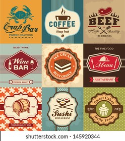 Set of vintage retro labels for food, coffee, seafood, bakery, restaurant cafe and bar