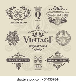 Set of vintage retro labels, stamps, ribbons, marks and frames. Design elements in vector.