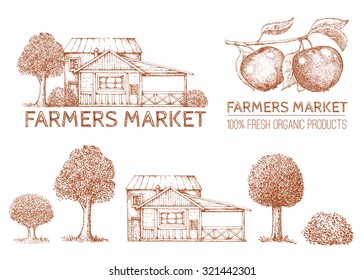 Set of vintage retro logo. Labels and design elements. Tree, apple, house.  Hand drawn illustration. Farmers market.