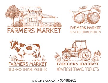 Set of vintage retro logo. Labels and design elements. Tree, apple, house, tractor.  Hand drawn illustration. Farmers market.