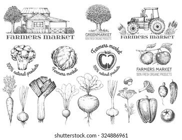 Set of vintage retro logo. Labels and design elements. Tree, tractor, apple, house, vegetables.  Black and white. Hand drawn illustration. Farmers market.