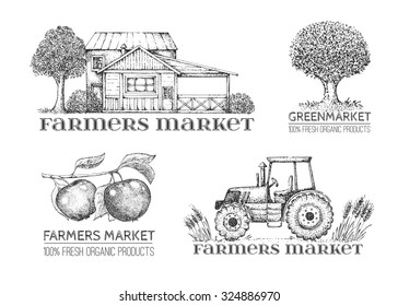 Set of vintage retro logo. Labels and design elements. Tree, tractor, apple, house. Black and white. Hand drawn illustration. Farmers market.