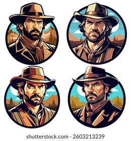 A set of vintage retro logos with cowboys' faces. A template for the design of stickers, clothes and souvenirs. Vector illustration in retro style. Isolated on a white background. 