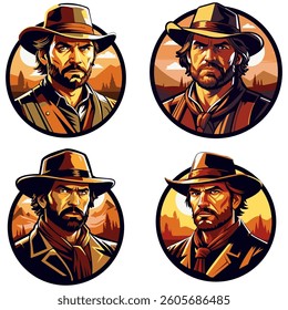 A set of vintage retro logos with cowboys' faces. A template for the design of stickers, clothes and souvenirs. Vector illustration in retro style. Isolated on a white background. 