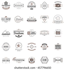 Set of vintage retro logotype templates. Collection of 25 items. Vector logo design elements. Icon symbols. Labels. Badges. Black and brown colors