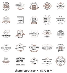 Set of vintage retro logotype templates. Collection of 25 items. Vector logo design elements. Icon symbols. Labels. Badges. Black and brown colors