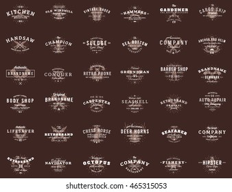 Set of vintage retro logotype templates. Collection of 36 items. Vector logo design elements. Icon symbols. Labels. Badges. White on brown background