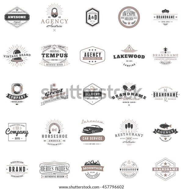 Set of vintage retro logotype templates.\
Collection of 25 items. Vector logo design elements. Icon symbols.\
Labels. Badges. Black and brown\
colors