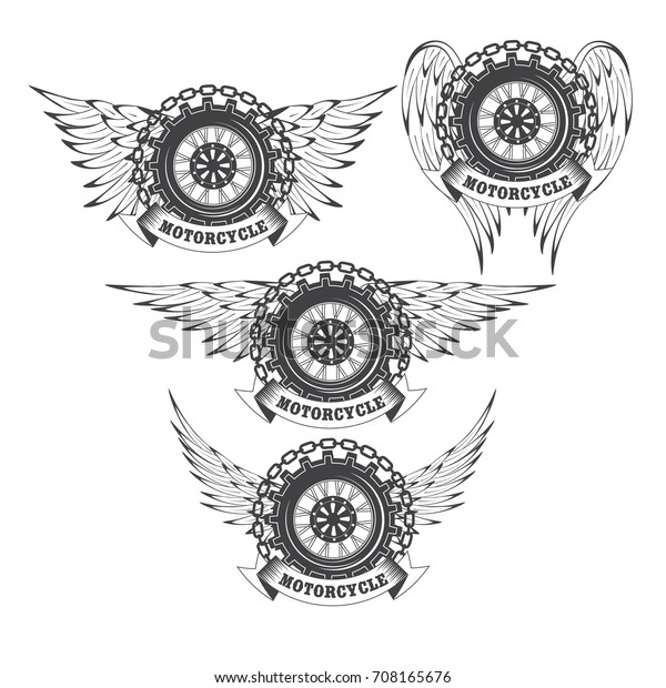 Set of vintage retro motorcycle logos\
emblem with motorcycle wheel and wings isolated on white\
background. Vector\
illustration.