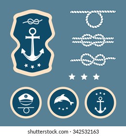 Set of vintage retro nautical badges and labels. Collection of various nautical elements for design and page decoration. Summer holidays, travel, vacation, adventure labels. Vector illustration.