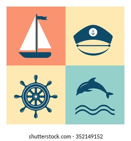 Set of vintage retro nautical badges and icons. Vector Collection of various nautical elements for design and page decoration. Summer holidays, travel, vacation, adventure labels template set.