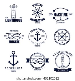 Set of vintage retro nautical badges and labels. Nautical badges anchor sea symbol. Traditional vector insignia style element nautical badges label design graphic illustration stamp.