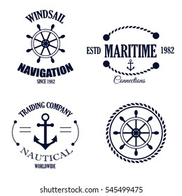 Set of vintage retro nautical badges and labels. Nautical badges anchor sea symbol. Traditional vector insignia style element nautical badges label design graphic illustration stamp.
