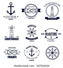 Set of vintage retro nautical badges and labels. Nautical badges anchor sea symbol. Traditional vector insignia style element nautical badges label design graphic illustration stamp.