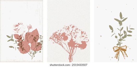 conjunto de vintage retro aberto com elementos botânicos grunge structure.Delicate ilustração floral com uma vintage, textura granulada, apresentando cores suaves e elementos botânicos suaves, naturais.