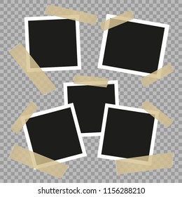 Set vintage, retro photo frames with adhesive tape. Vintage style. Vector design elements isolated on transparent background.