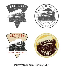 Set of vintage retro railroad steam train logos, emblems, labels and badges