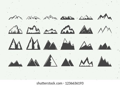 Set of vintage retro rock mountain silhouettes and design elements. Can be used for logo, emblem, badge, label or poster. Vector Illustration.