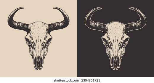 Set of vintage retro scary spooky cow bull skull head skeleton. Cowboy Native American. Can be used like emblem, logo, badge. Monochrome Graphic Art. Vector. Hand drawn element in engraving style.