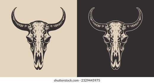 Set of vintage retro scary spooky cow bull skull head skeleton. Cowboy Native American. Can be used like emblem, logo. Monochrome Graphic Art. Vector. Hand drawn element in engraving style.