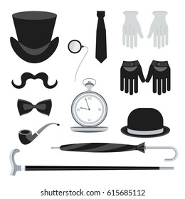 Set of vintage retro secular gentleman accessories. Hours, hats, details of wardrobe. Flat vector cartoon illustration. Objects isolated on a white background.