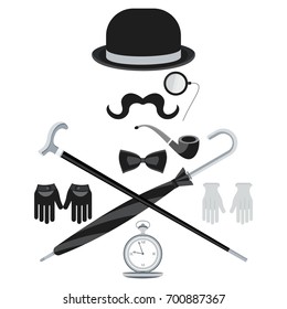 Set of vintage retro secular gentleman accessories. Hours, hats, details of wardrobe. Flat vector cartoon illustration. Objects isolated on a white background.