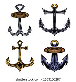Set of Vintage retro ship anchor isolated vector illustration on a white background. Design element for logo, badge, tattoo, banner, poster.